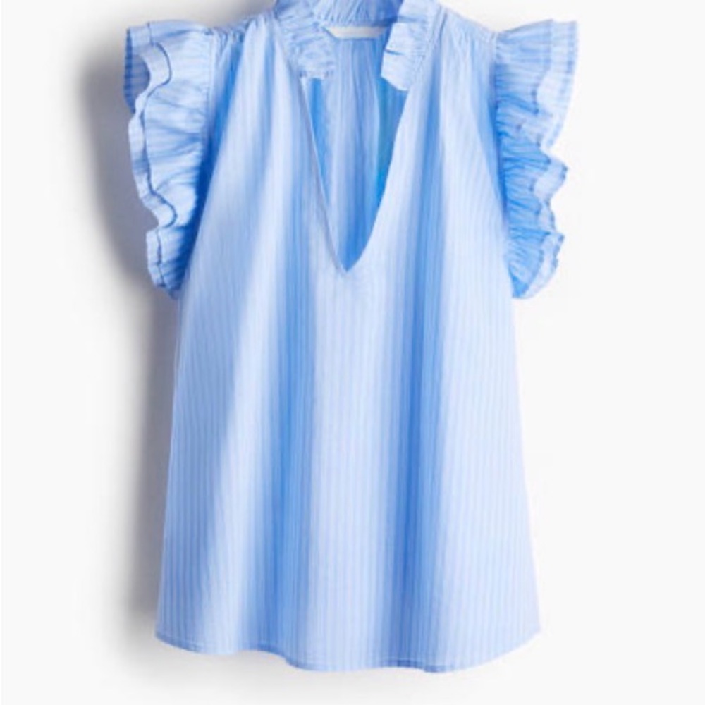 H&M Light Blue Striped Ruffle Sleeve V-Neck Top
